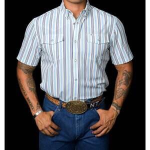 NEW FERRELL jake short sleeve snap top in blue